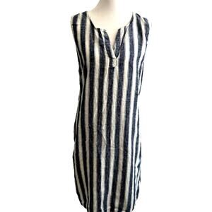 linen striped boho shirt dress coverup coastal Beach Lunch Lounge Dress Women L